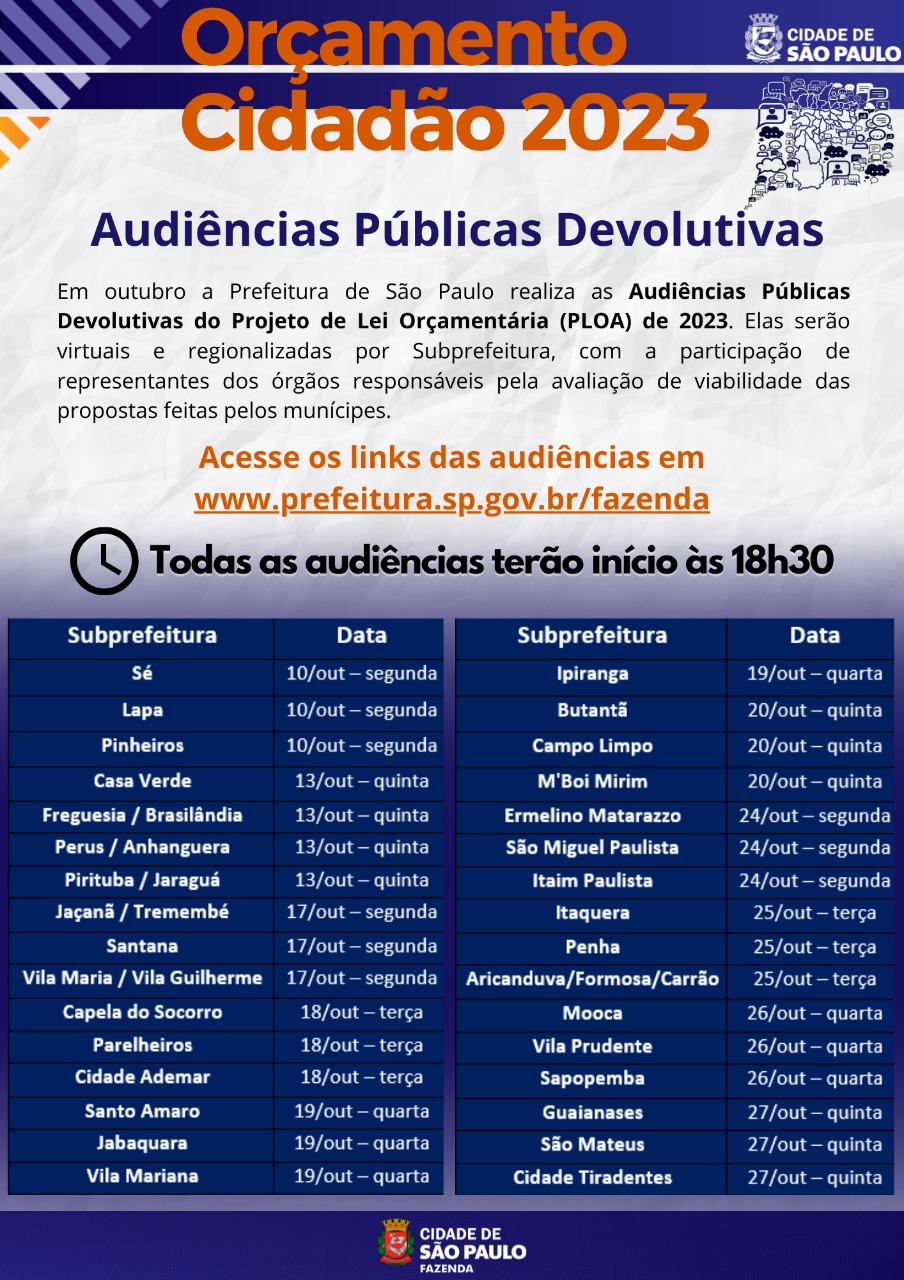 Fundo azul e letras laranja e branca, informa datas das audiências online públicas devolutivas do Orçamento Cidadão 2023. , a partir das 18h30. A de São Mateus será no dia 27 de outubro. 